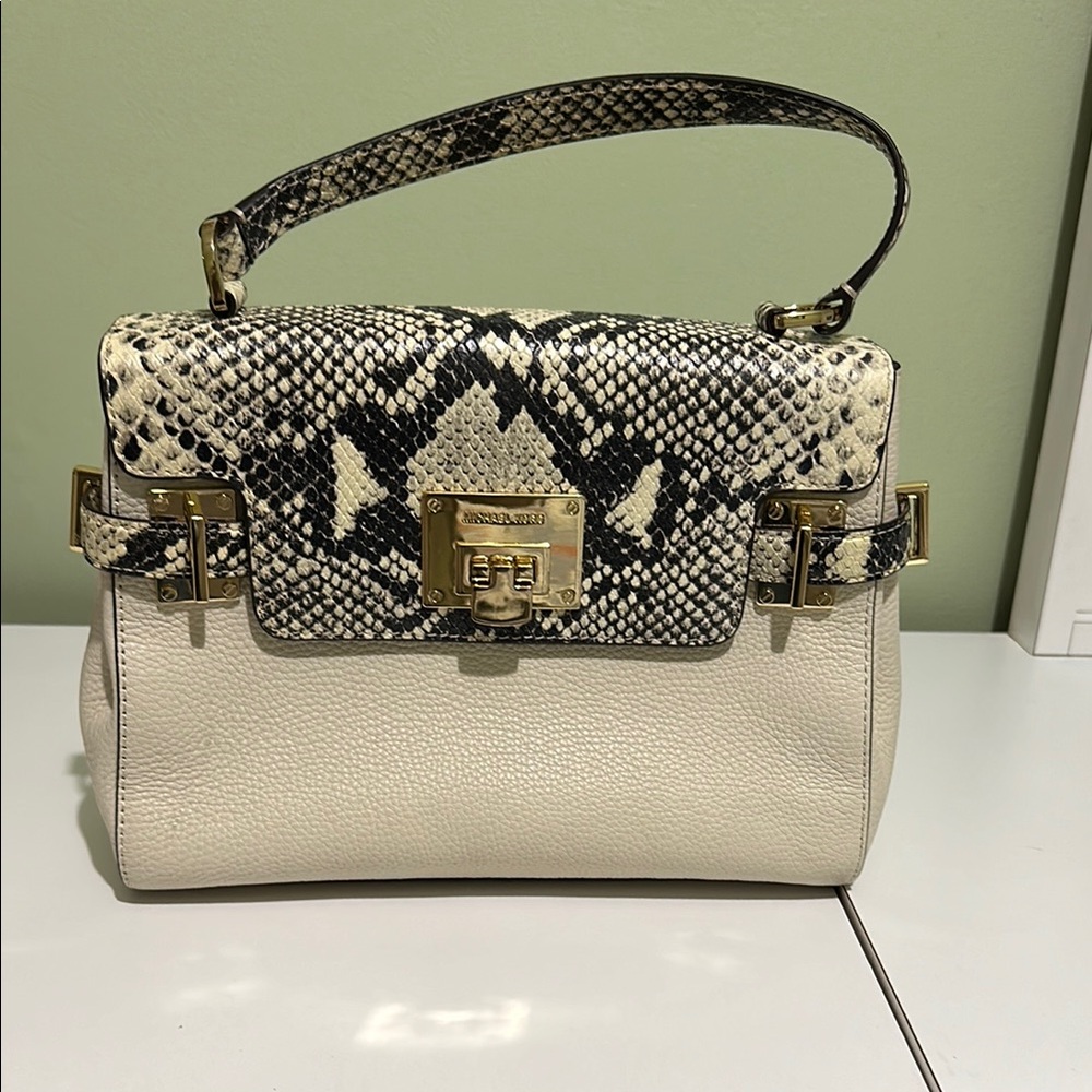 Leather Michael Kors Off White and Black Snake Print Women's Bag W. Gold Buckle